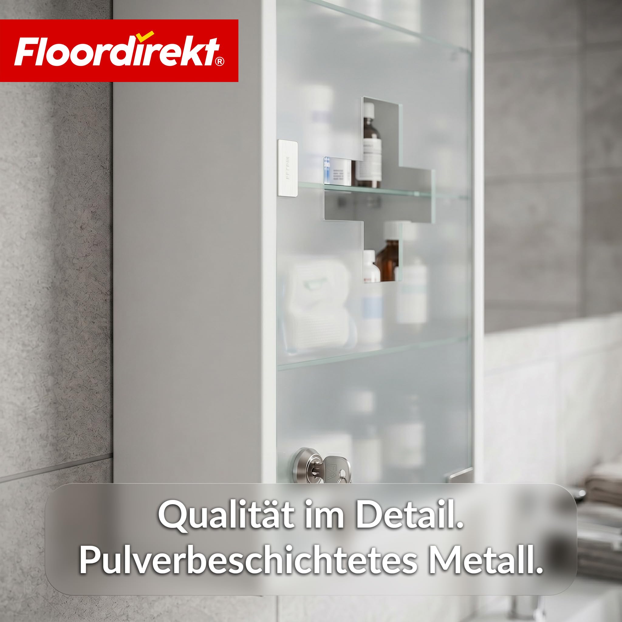 Floordirekt Medizinschrank Weiß 60x30cm - 4 Fächer – Abschließbarer Arzneischrank mit Milchglastür, Edelstahl oder Metall weiß, Medikamentenschrank für Bad, Küche & Praxis, Allen