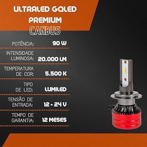 Par de Lâmpadas UltraLED GQLED Premium CANBUS H7-20.000 Lm Branco 6000K