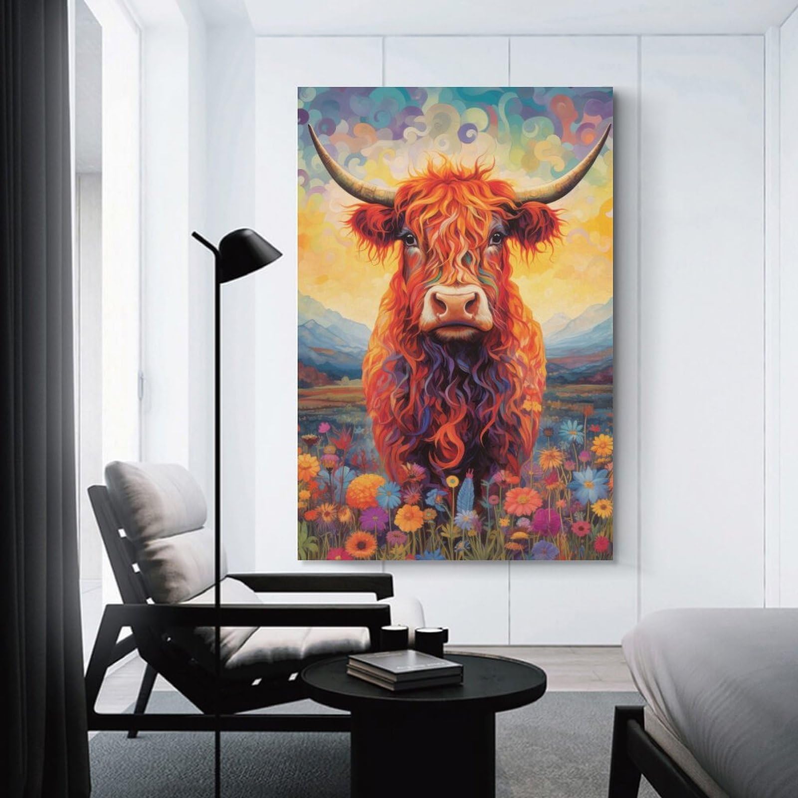 Junmoney Floral Highland Cow Hanging Wall Art, 20x30inch(50x75cm), for Bedroom Decor, Cosy Corners Or Studios, An Easy Wall Refresh for Bedrooms