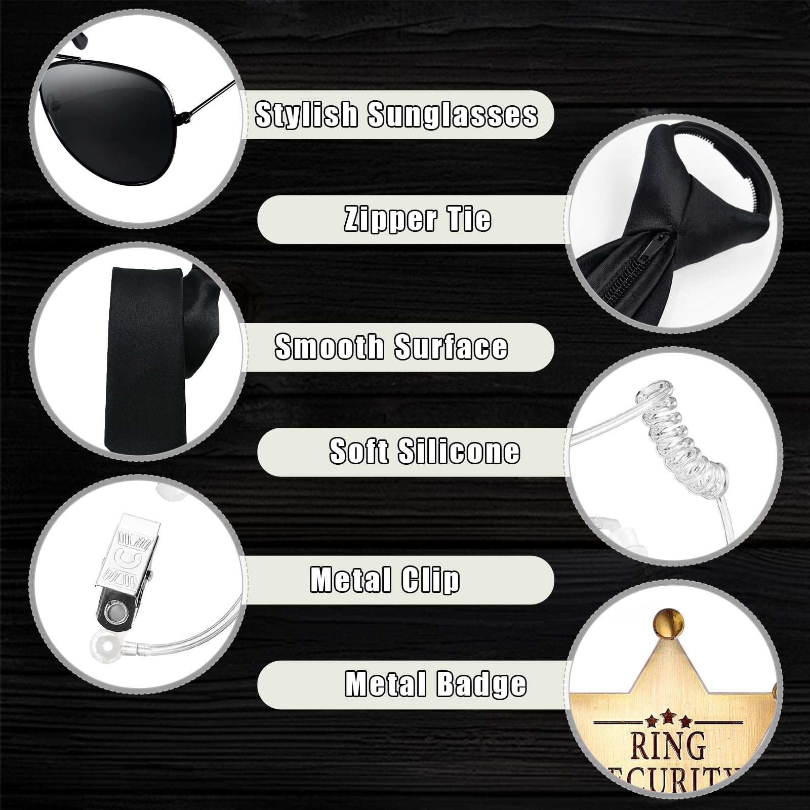 HOWAB Men in Black Costume Accessories: 10 Pcs Secret Guard Fancy Dress Kit,Including Dress Up Tie,Sunglasses,Lanyard with Card Holder,Earpiece,Badge,Agent Set for Men Women Kids Cosplay Party - Image 3