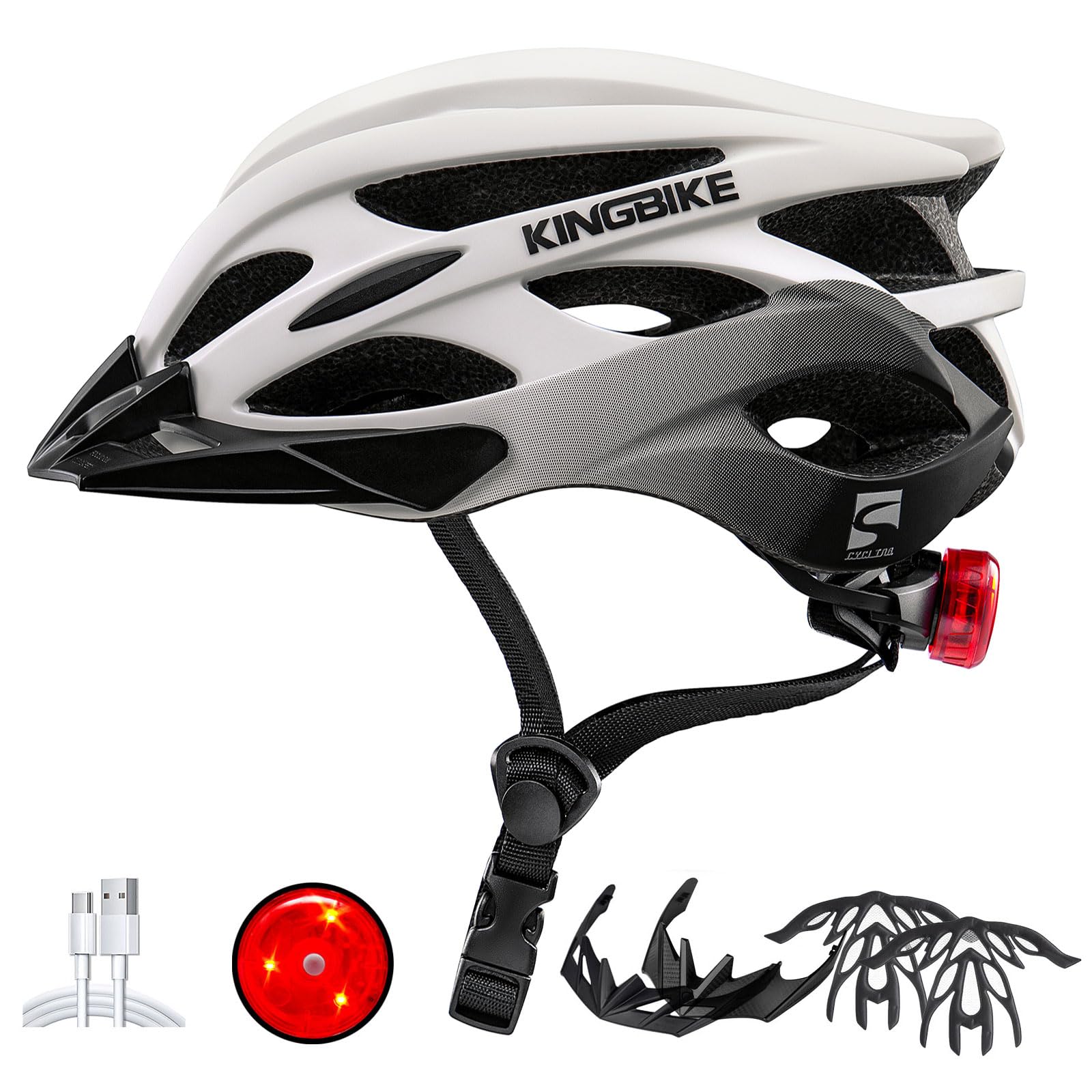 KINGBIKE Bike Helmet for Adult Men Women Youth Road Commute Mountain Cycling Helmets with USB Rechargeable Light Replaceable Padding and Visors