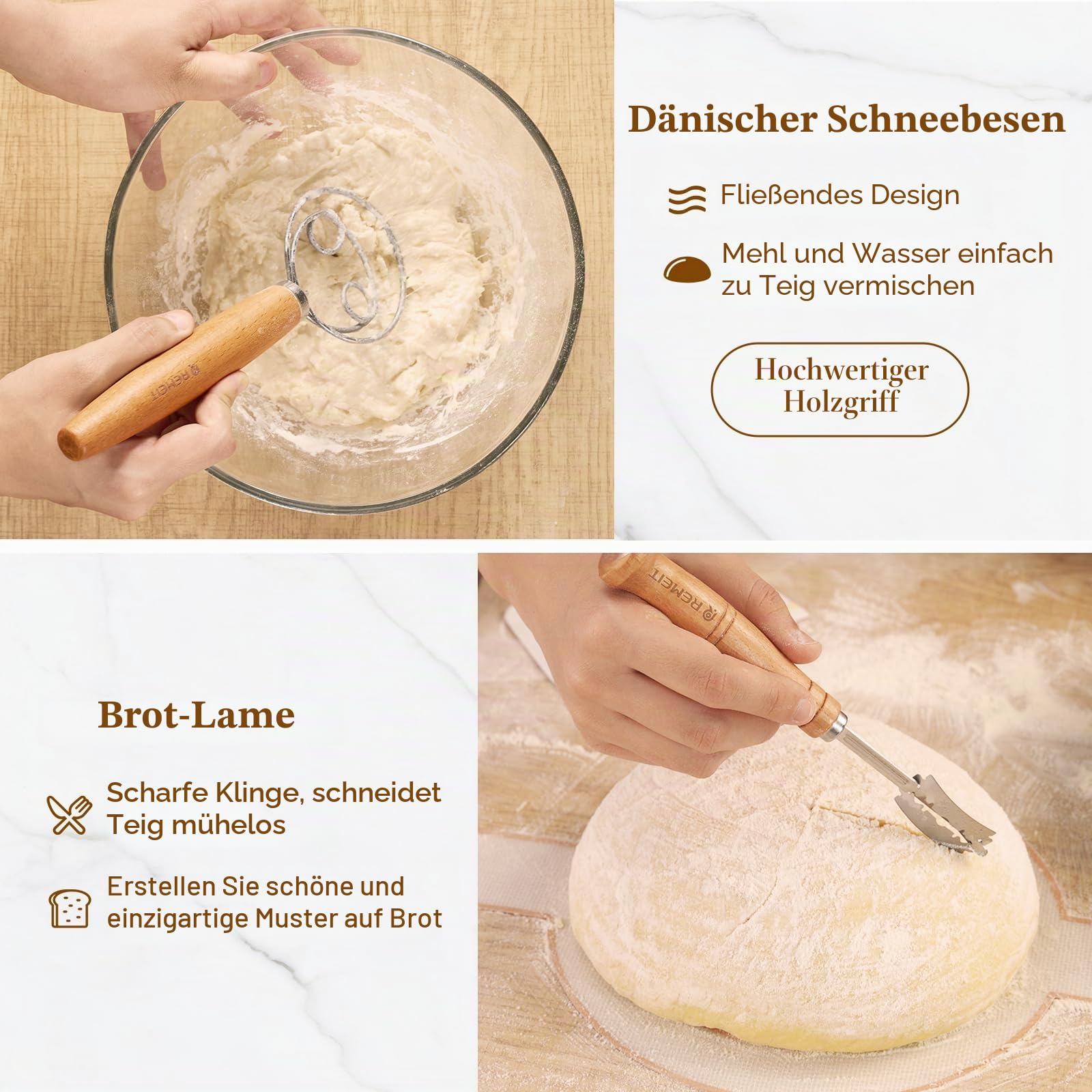 Banneton-Brot-Gärkorb, Sauerteigbrot-Backzubehör, Sauerteig-Starter-Set mit 23 cm runden und 25 cm ovalen Körben, Schlinge, Brotlamelle, Gärdeckel, Teigbesen