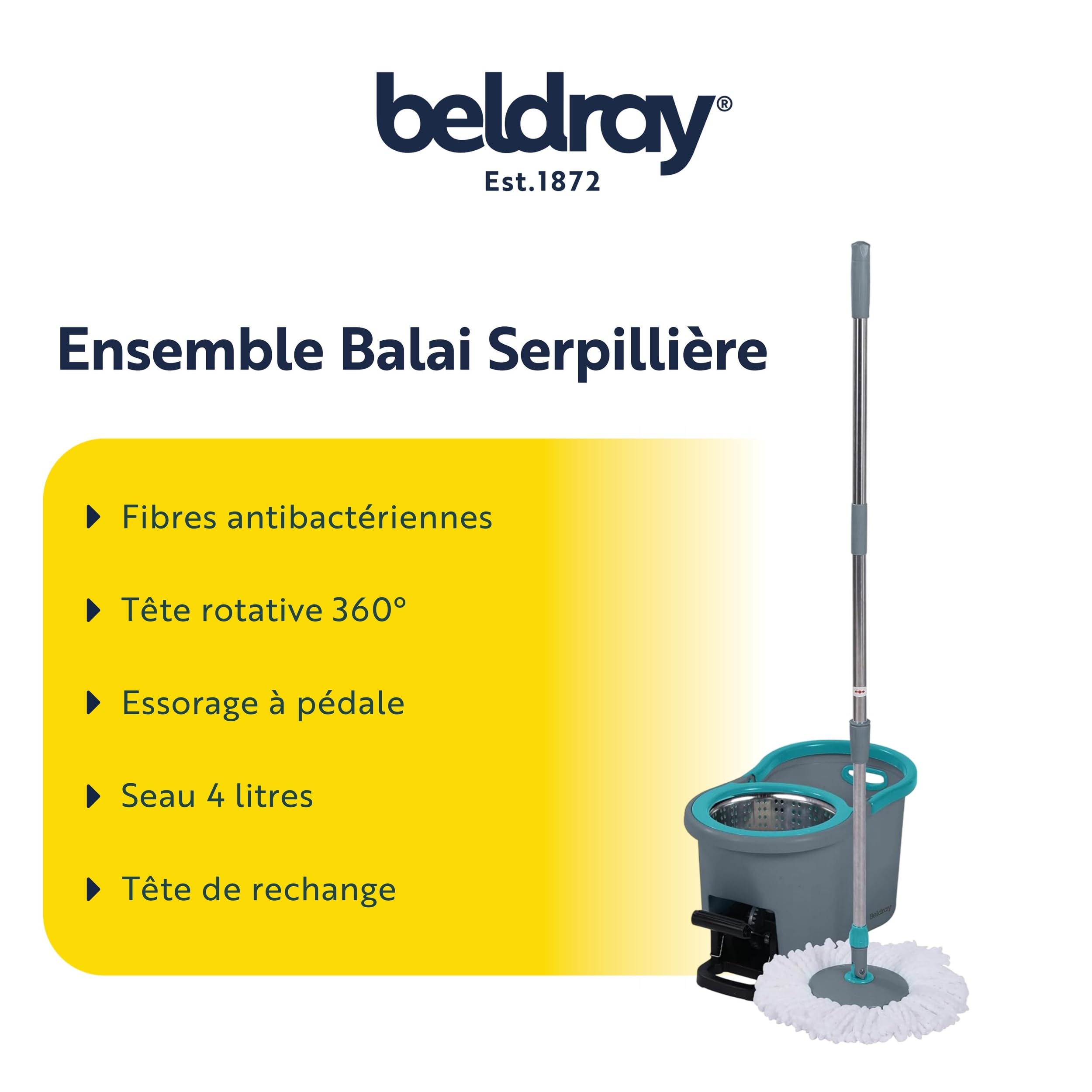 Beldray Antibac Spin Ensemble serpillière et seau - Vadrouille à cordes à 360°, seau à vadrouille de 4 litres, système d’essorage à pédale, fibres traitées antibactériennes
