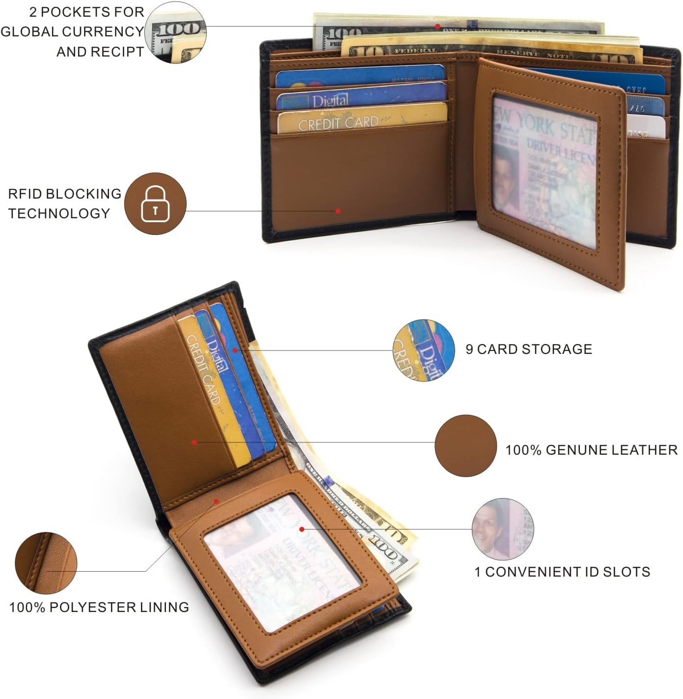 Men's Slim Genuine Leather RFID Bifold Wallet with ID Window, Black Brown image 3