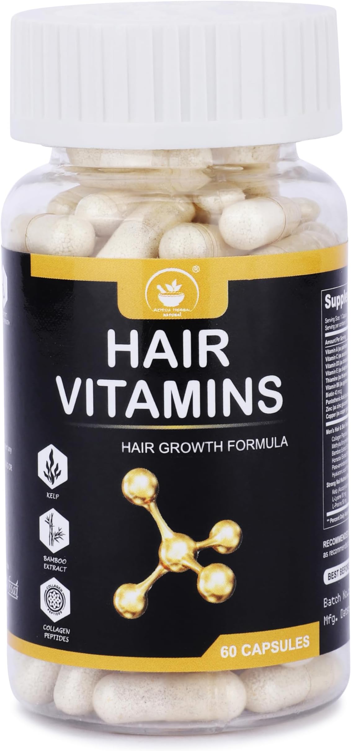 AZTECA HERBAL NATURAL Hair Vitamins for Men & Women with Collagen Peptides, Kelp, Bamboo Extract, Vitamins & Minerals, Hair Growth Formula | Pack of 2 (60 Capsules)