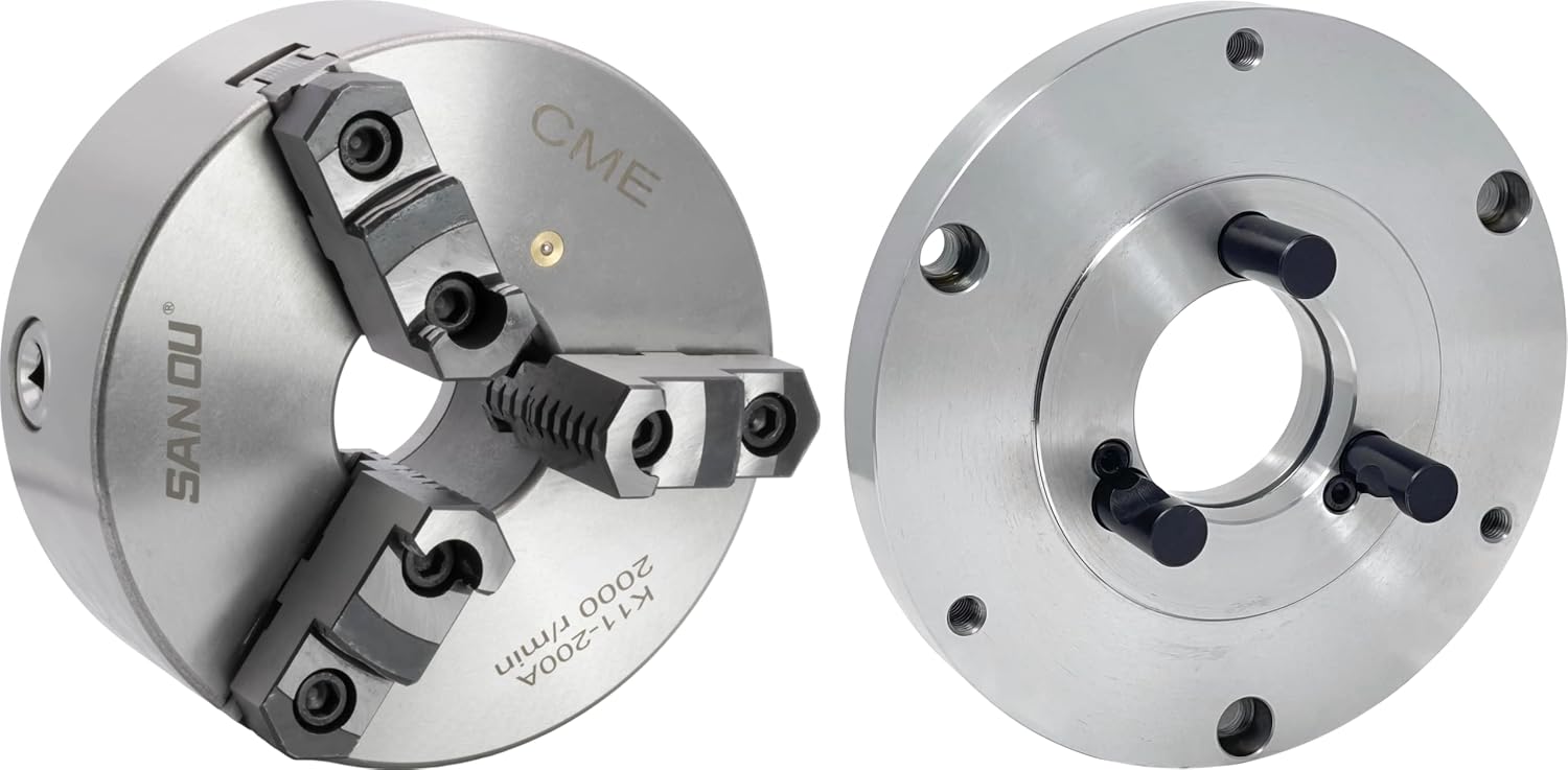 CME 8" 3-Jaw Self-Centering (Scroll) Lathe Chuck with D1-4 Camlock Backing Plate, Two-Piece Reversible Jaws