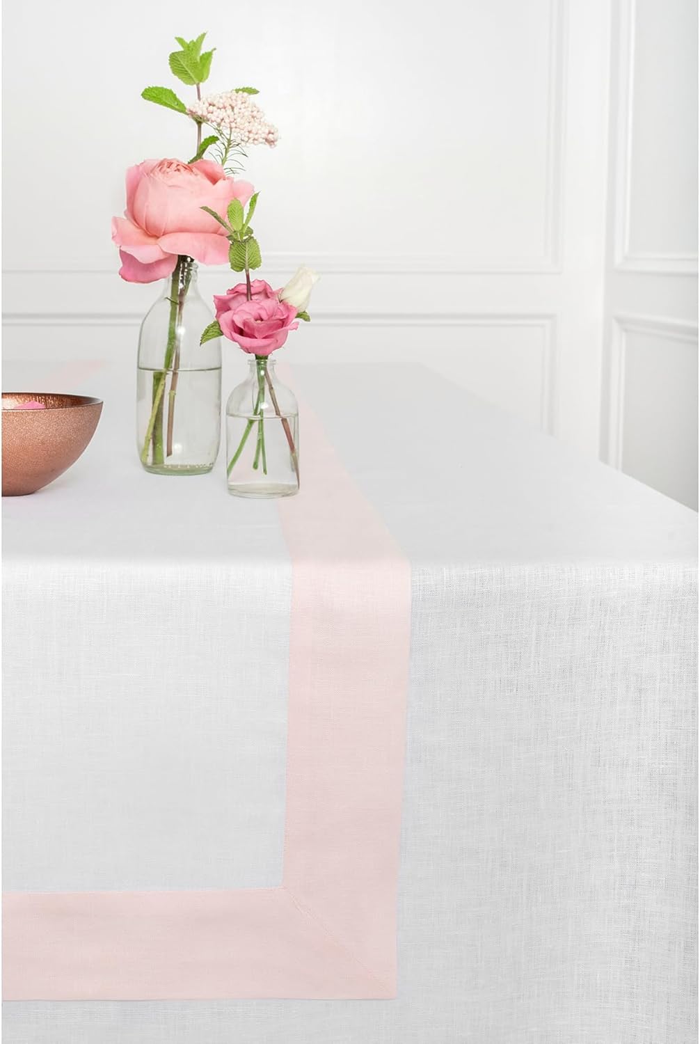 Solino Home Linen Tablecloth 60 x 120 Inch - 100% Pure Linen Blush Pink and White Tablecloth for Rectangle Tables - Contempo, Machine Washable Table Cloth for Mothers Day, Spring, Summer