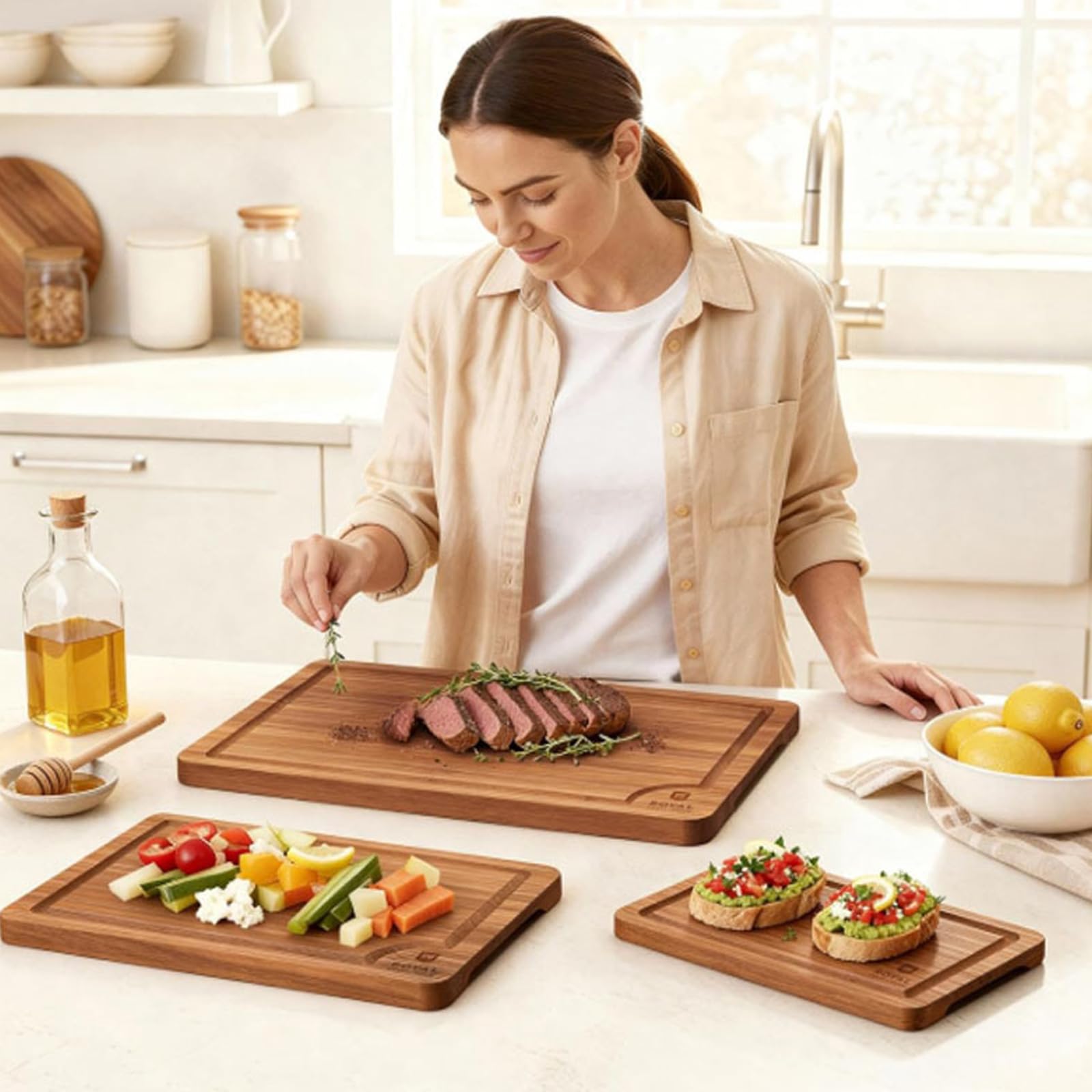 Juego de tablas de cortar de bambú natural de 3 piezas para frutas, verduras y carne, cocinas modernas, esenciales con tabla de cortar de diseño antideslizante