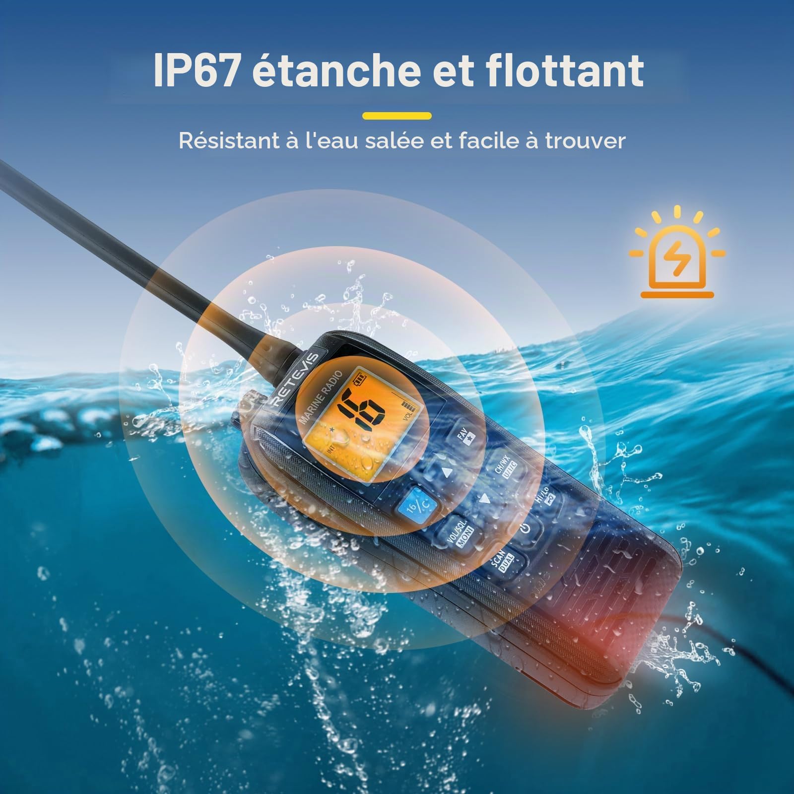 Retevis RM22 VHF Radio Marine, Radio Bidirectionnelle Marin Longue Portée | IP67 étanche Talkie Walkie, Flottante, 2200 mAh, 88 Canaux, Audio 900 MW, Drainage des Vibrations (Noir, 1 Pièce)