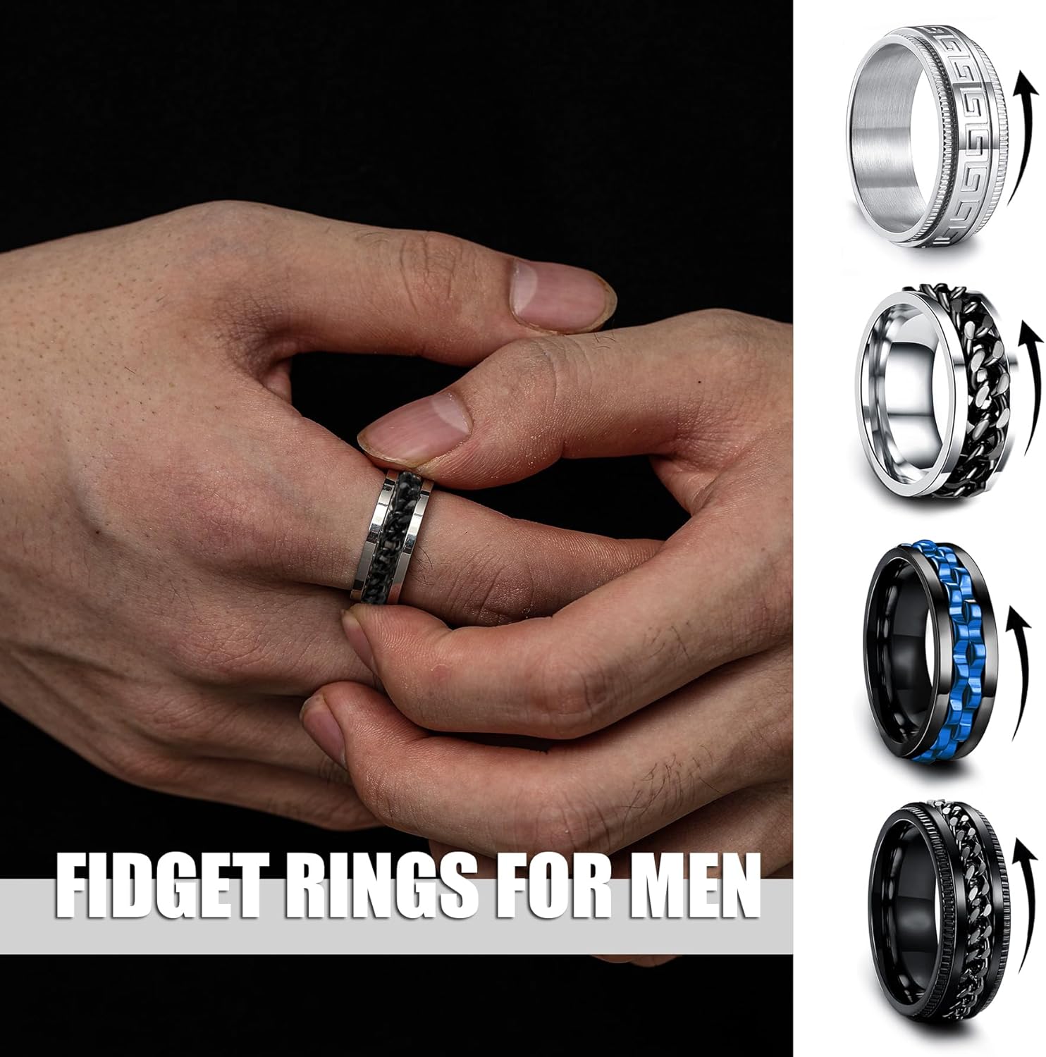 EIELO 12Pcs Stainless Steel Band Rings for Men Women Cool Fidget Spinning Chain Ring Anxiety Relief Fashion Simple Wedding Engagement Ring Set - Image 5