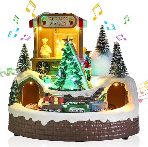 Bshine Decoración de pueblo navideño, tren giratorio y árbol de Navidad, adornos musicales de Navidad con luces LED para decoración de escritorio