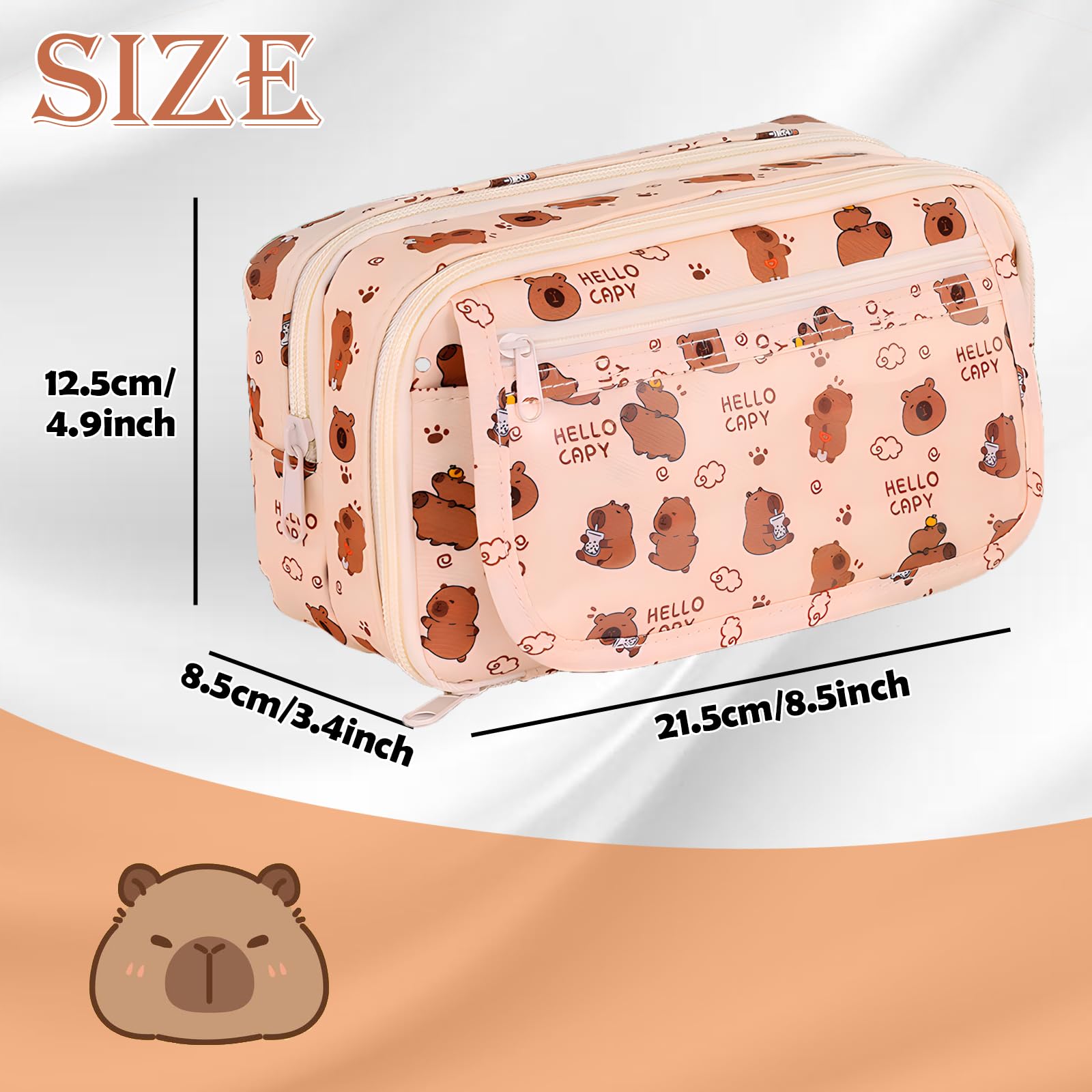 JYJLLM Personalised Pencil Case - Cute Khaki Cartoon Pencil Case with 3 Compartments, Unisex, Zipper Closure, Top Handle, 22x8.5x12.5cm - Image 2