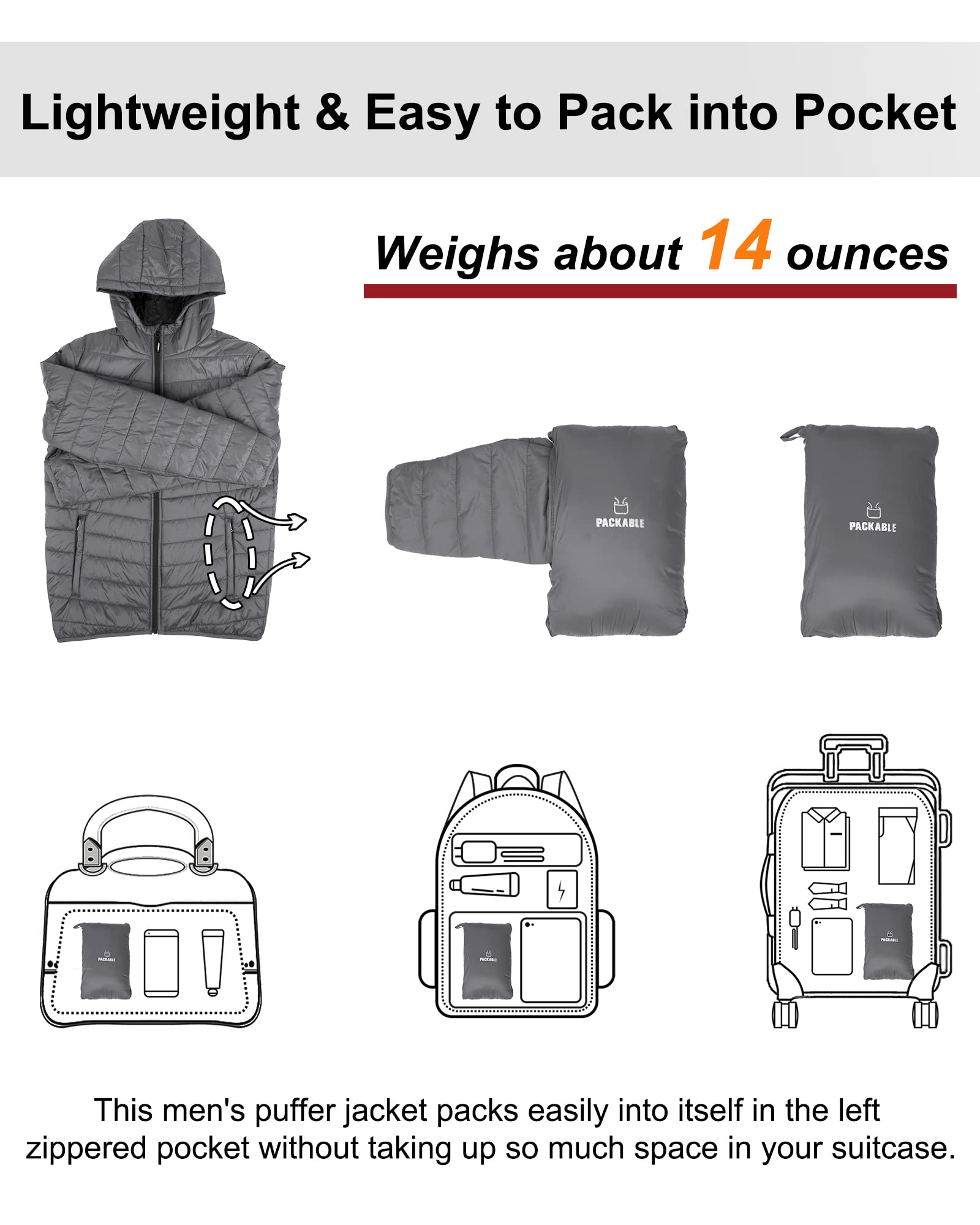 Outdoor Ventures Herren-Pufferjacke Leichte Wasserdichte Kapuzenjacke Isolierter Puffmantel Verstaubare Winterjacke für Herren mit Taschen Zum Wandern Camping Reisen