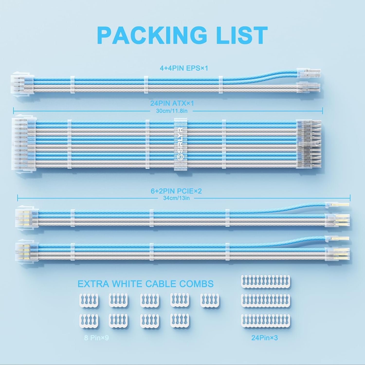 Sirlyr PSU Cable Extension,Customed Pre-Bend PC Power Supply Cable,1x 24 Pin ATX / 1x 8 (4+4) Pin EPS/Longer 2X 8 (6+2) Gold-Plated Pin Pcie,Nylon Sleeved Blue White,4 Kits