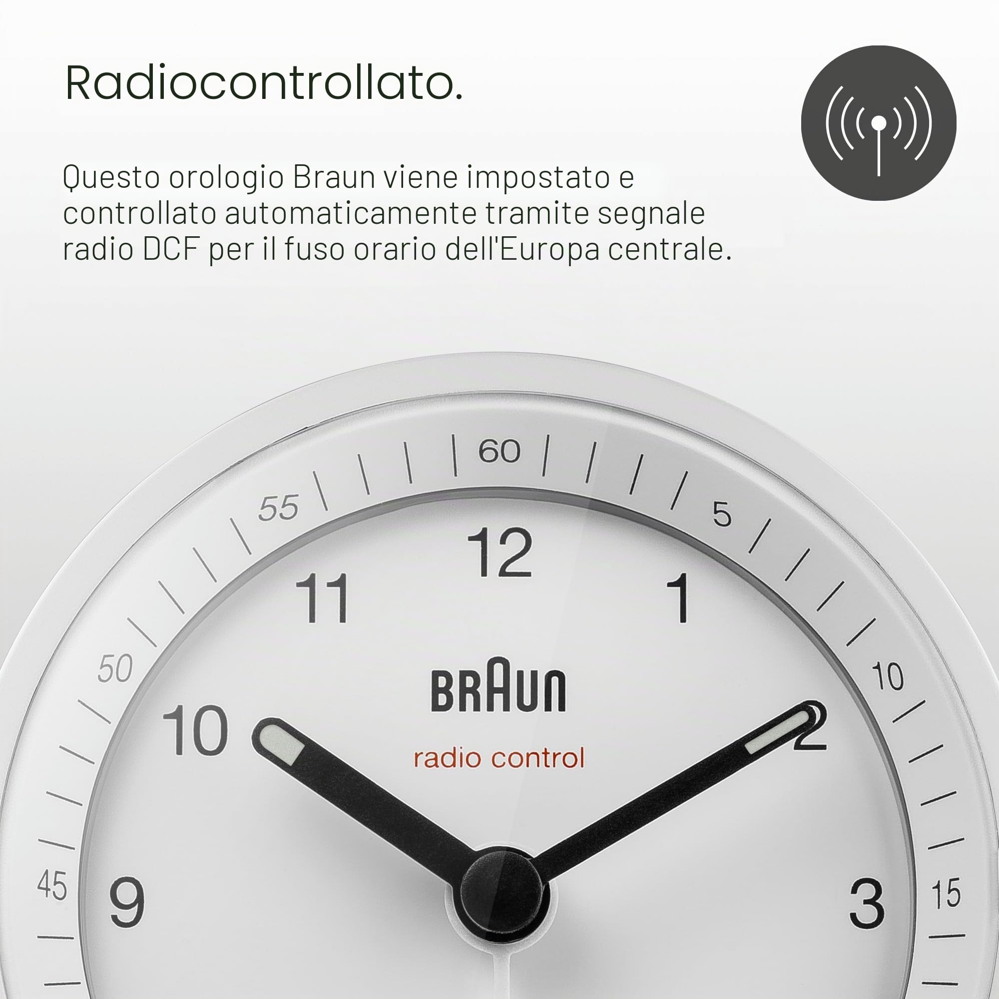 Braun Orologio Sveglia Classico Analogico Radio controllato per Fuso Orario Europa Centrale (DCF/GMT+1) con Funzione Snooze e Luce, Suono Sveglia Beep con crescendo, Bianco, BC07W-DCF