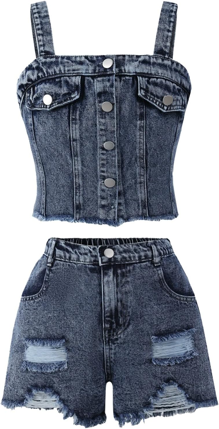 Girls Denim 2 Piece Outfits Kids Summer Shorts Set Button Down Sleeveless Camisole Top Ripped Denim Shorts School Loose