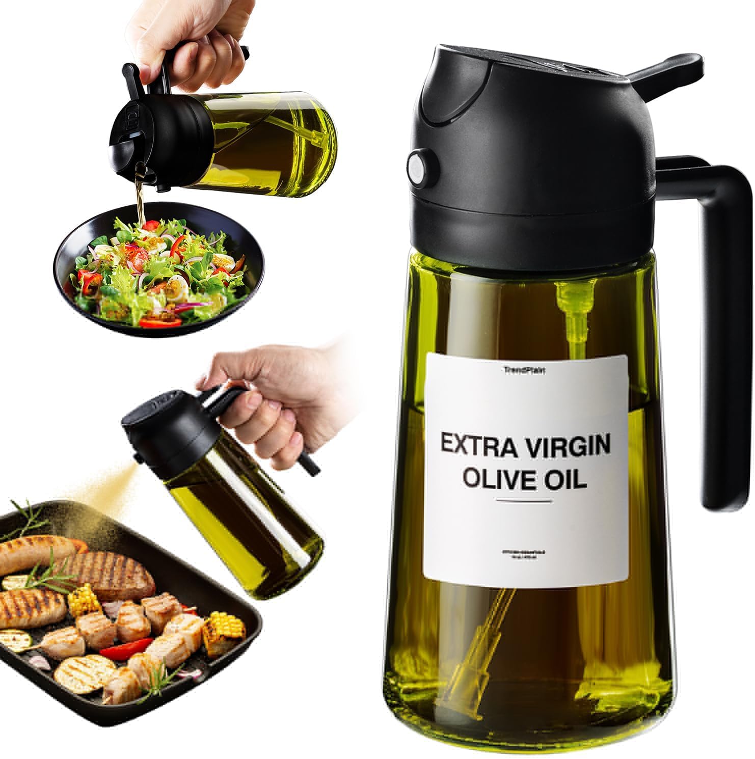 Vasukie 2-in-1 Olive Oil Sprayer and Dispenser Bottle for Kitchen | 500ml Glass Bottle with Premium Nozzle | Cooking Sprayer for Healthy Cooking and Salad Making (2IN1 Black)