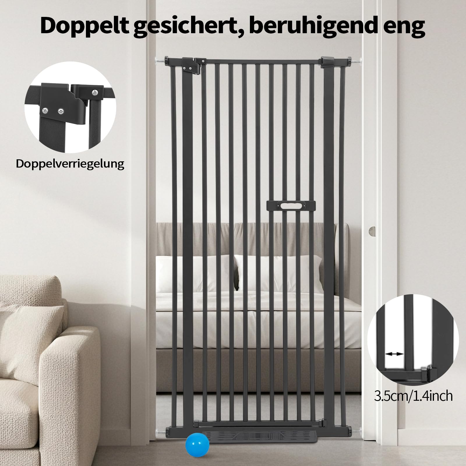 Schutztor Ausziehbar Haustiere Katzentiertor, 150cm Haustiergitter Extra Hoch mit Doppelverriegelung Katzentür&3.5cm Stababstand Ohne Bohren für Haustier Kleinen Haustieren Hunden (Schwarz)