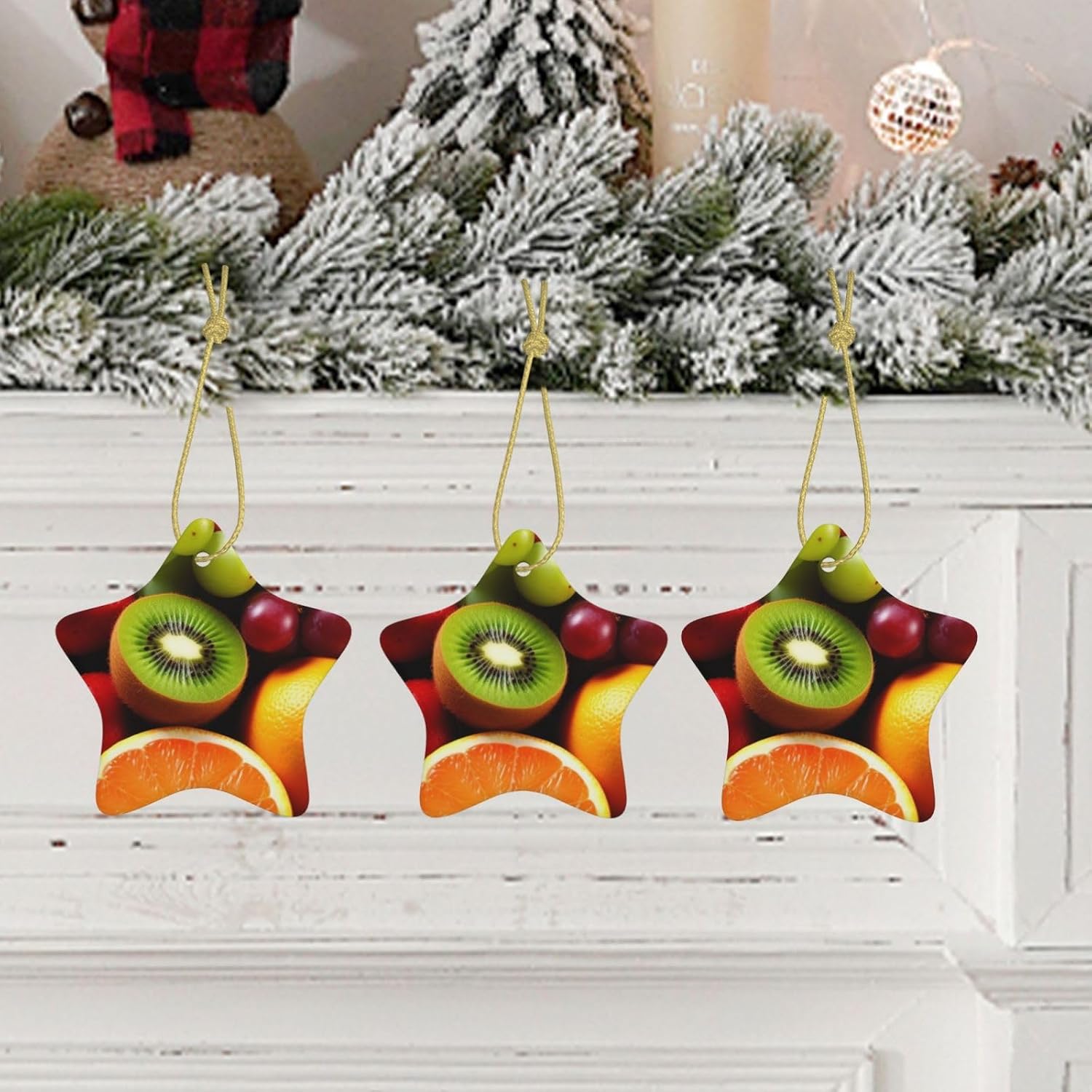 Christmas Ornaments Ceramic Star Shaped Christmas Hanging Ornament Double-Sided Fresh Fruit Print Christmas Tree Pendants for Xmas Tree Fireplace Party Holiday Wedding