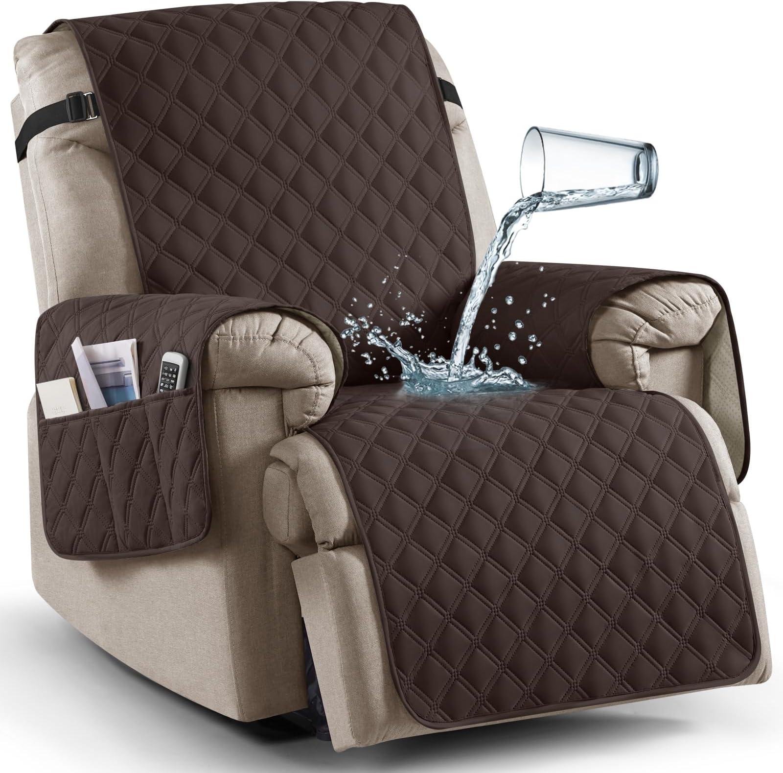 Ruaozz 100% Waterproof Recliner Chair Covers, Non-Slip Reclining Covers for Recliner Chair Washable Chair Cover, Recliner Covers with Pockets for Kids, Dogs, Pets (Chocolate, 23'')