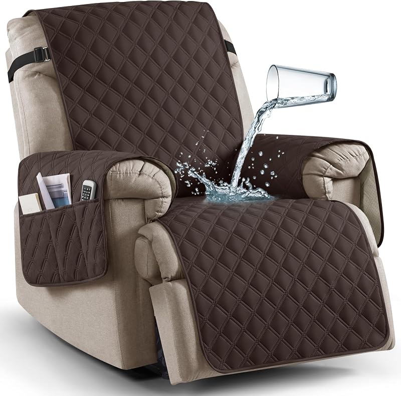 100% Waterproof Recliner Chair Covers, Non-Slip Reclining Covers for Recliner Chair Washable Chair Cover, Recliner Covers with Pockets for Kids, Dogs, Pets (Chocolate, 23'')