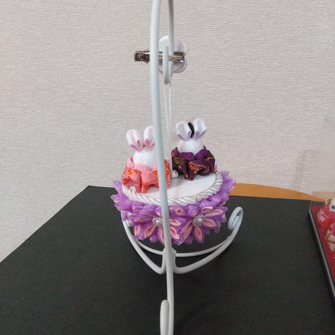 つまみ細工 小さな吊るし雛 ピンク紫 スタンド付き つまみ細工 小さな