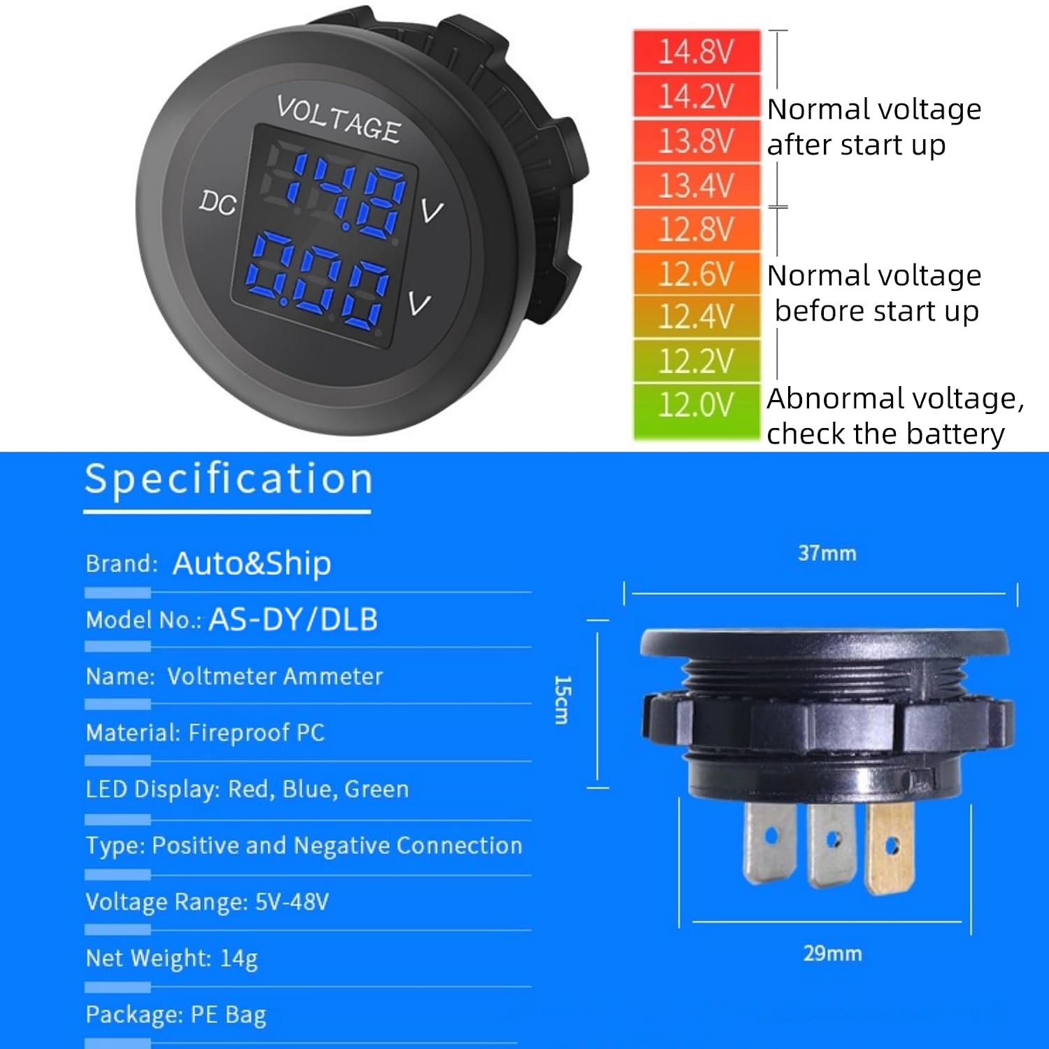 12V-24V DC LED Digital Voltmeter Ammeter, Waterproof Round Volt Amp Meter, Car Battery Voltage Meter Tester, Automotive Replacement Battery Gauge Monitor for Marine Boat Motorcycle Truck RV (Blue)