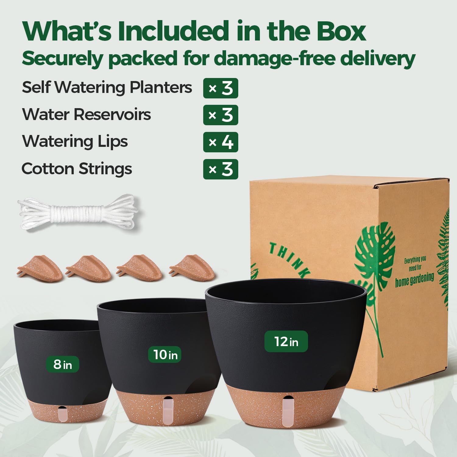T4U 3 Pack Self Watering Pots (8"+10"+12") - Water Level Indicator & Deep Reservoir, Mess-Free Planters for Busy People, Beginners & Gardeners, Fits Pothos to Monstera, Indoor Outdoor Use (Black)