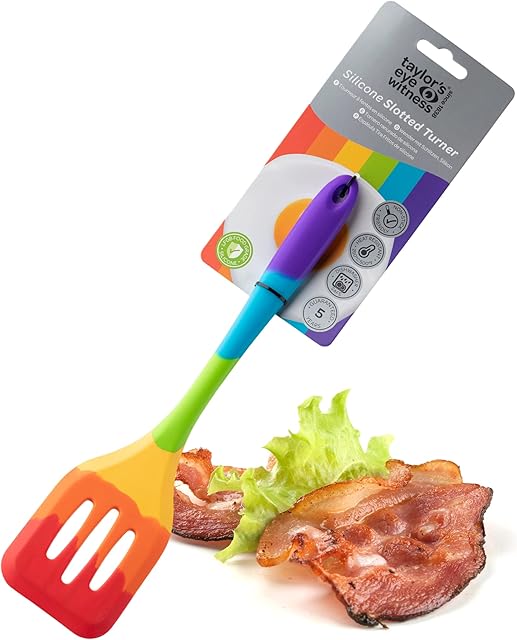 Taylors Eye Witness Large Silicone Rainbow Slotted Spatula - Dishwasher Safe. Perfect for Non-Stick Frying Pans. Slotted for Drainage. Odour, Stain & Heat Resistant (260°C/500°F). 5 Year Guarantee