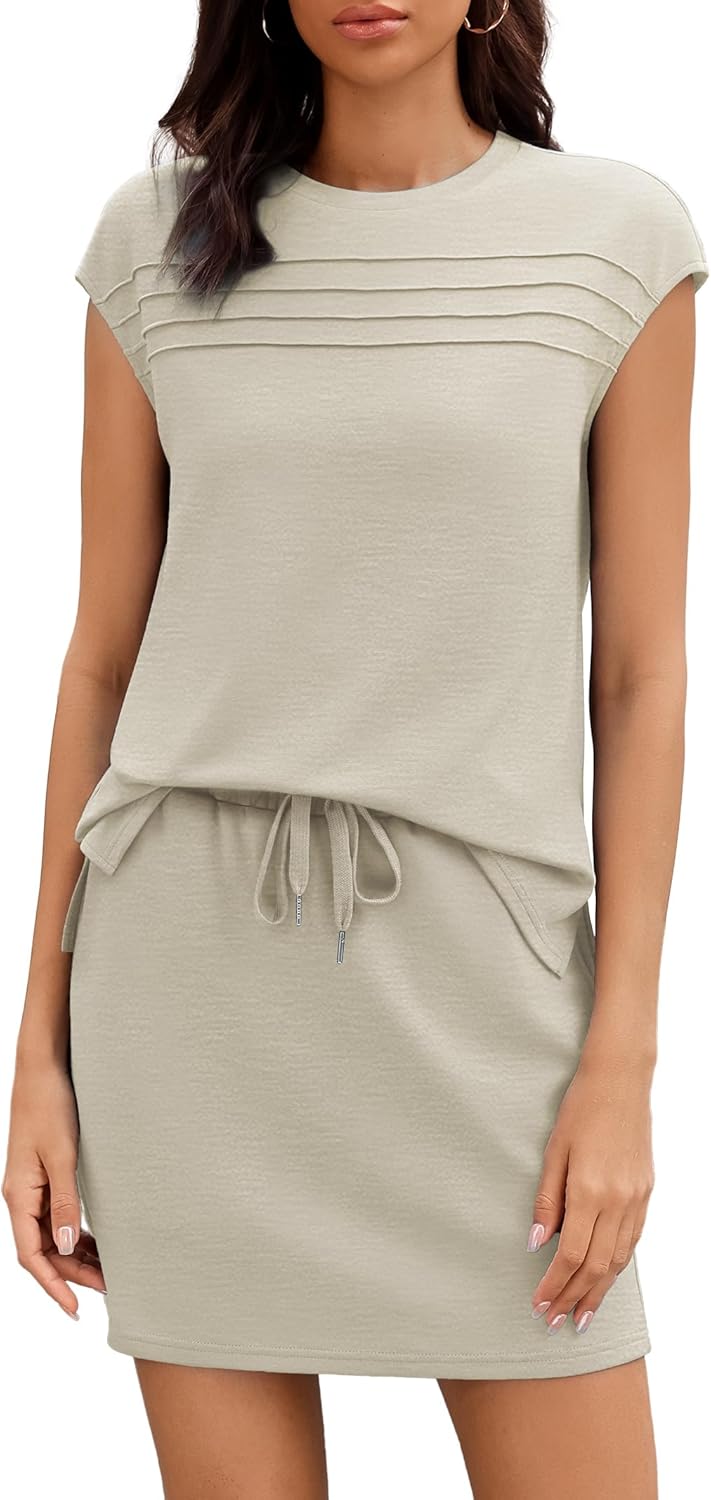 Casly Lamiit Two Piece Sets for Women Summer Skirt and Top Set Cap Sleeve Matching Drawstring Tennis Skort Outfits