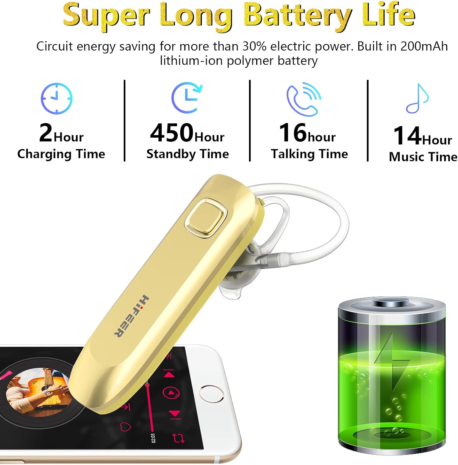 HIFEER Bluetooth Headset V5.0, Wireless Bluetooth Earpiece, Hands-Free Earphones Built-in Mic Driving/Business/Office, CVC8.0 Noise Cancelling Bluetooth Headphones iPhone/Android/Samsung, Gold