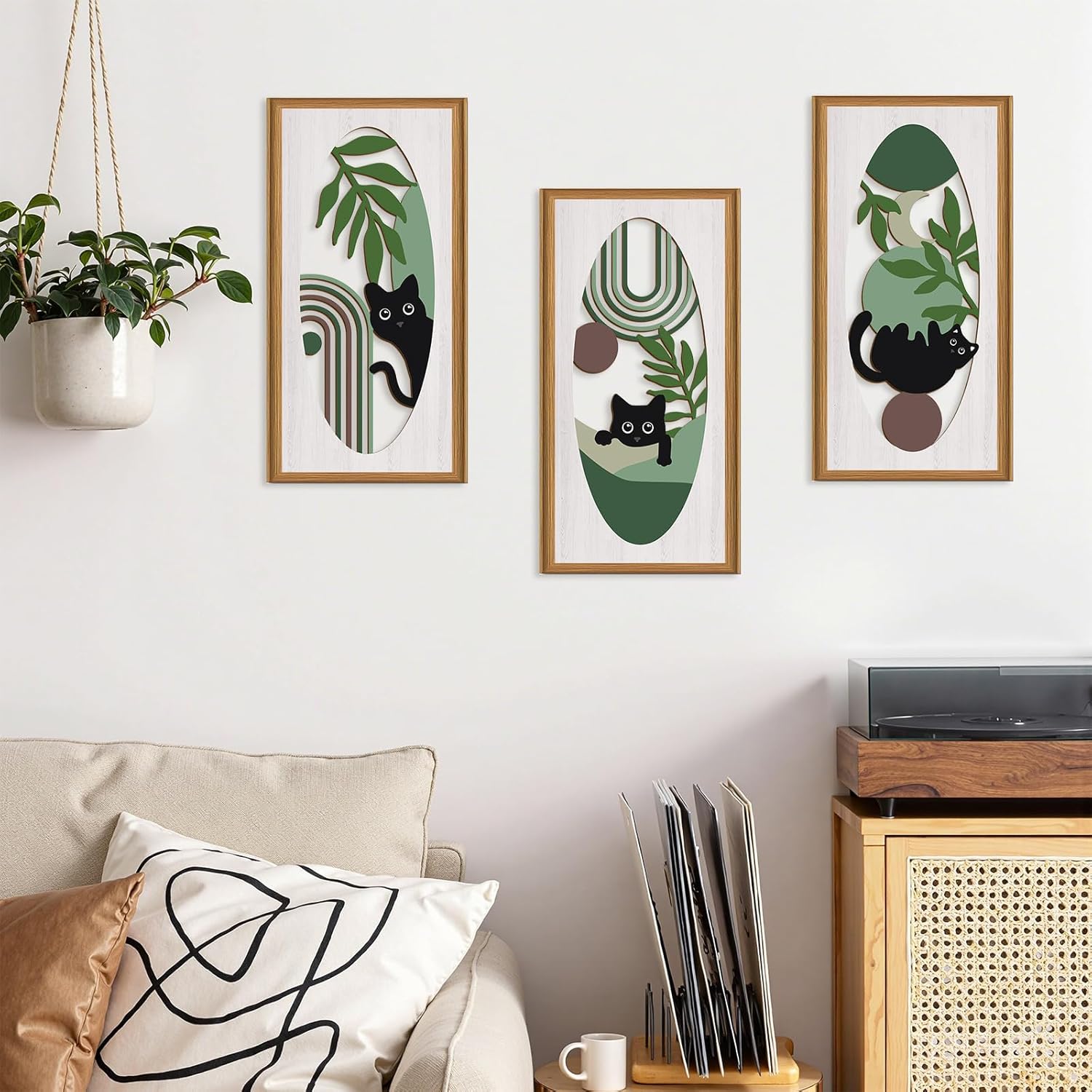 Celestdeco Boho Black Cat Wall Decor,Green Boho Wall Art,Mid Century Modern Decor Kitty,Abstract Geometric Line Artwork Cats,Green Plants Bohemian Botanical Cat Wood Art for Home Bedroom Living Room