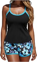 Women's Two Piece Tankini Modest Ruffled Swim Tops Bathing Suit with Shorts Beach Hawaii Sporty Full Coverage Swimwear