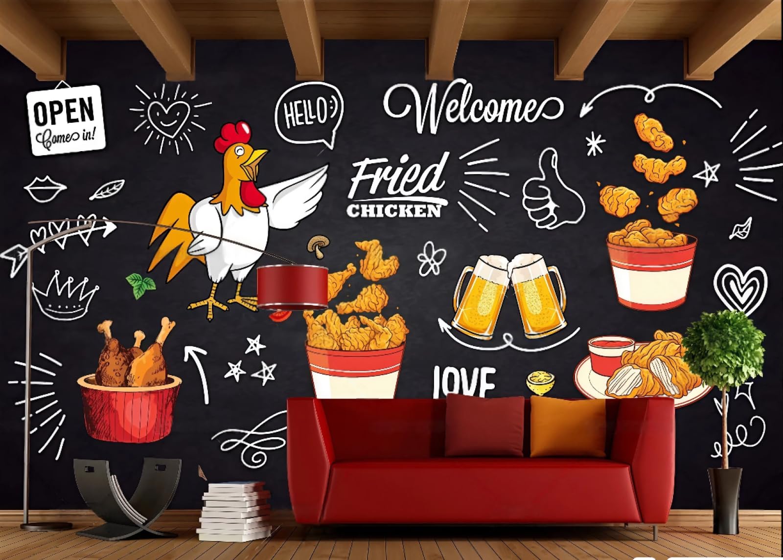 rskjdghshd Wallpaper Retro Blackboard Wall Hand-Painted Gourmet Fried Chicken Cuisine Burger Catering Background Wall Western Restaurant Wallpaper Drinks Cafe Mural,3D,400x280cm