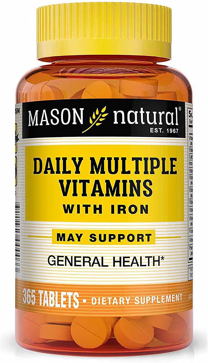 MASON NATURAL Daily Multiple Vitamins with Iron, Vitamins A, C, D, E, B1, B2, B3, B6, B12, Folate and Calcium for Overall Health, 365 Tablets