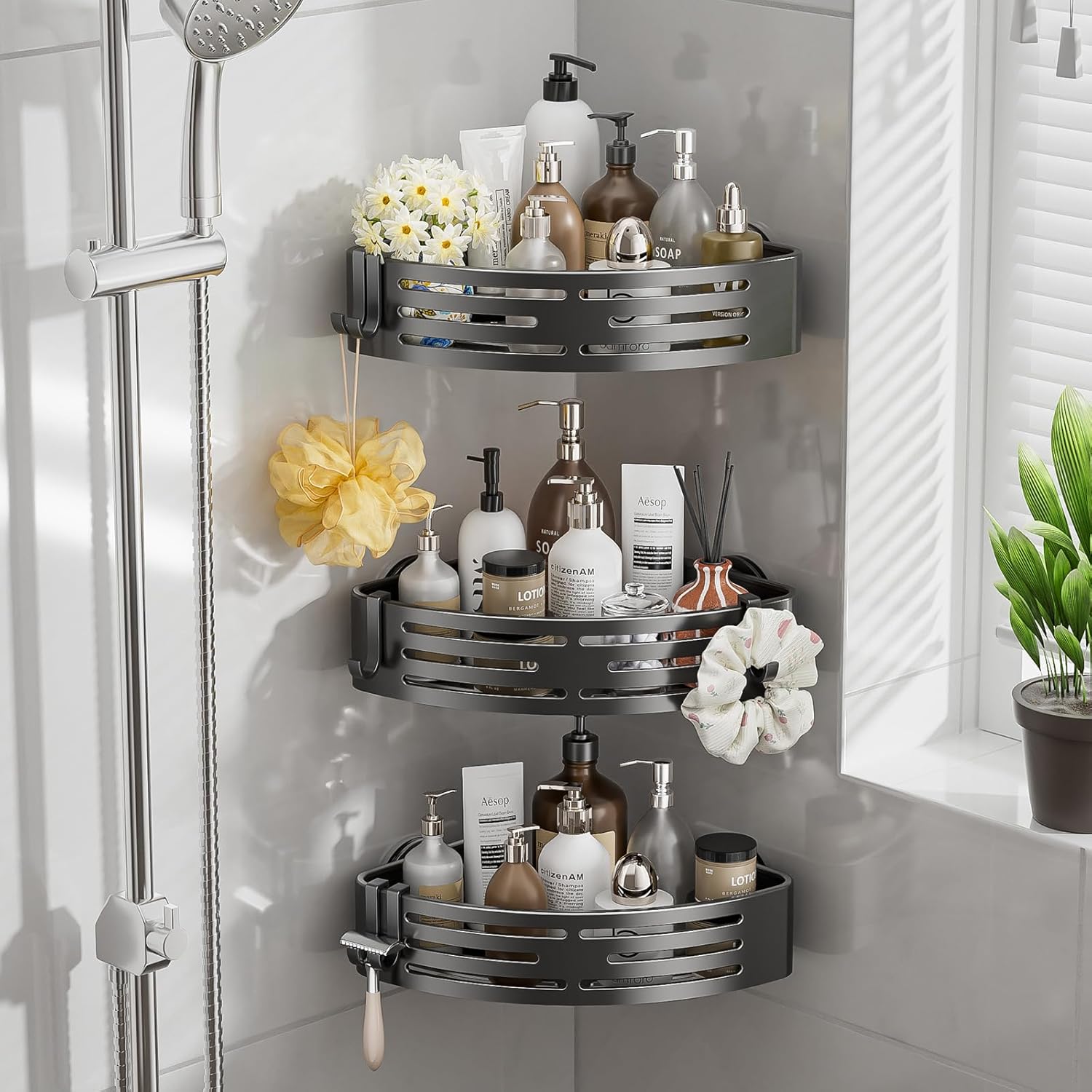 Corner Shower Caddy Suction Cup,Shower Shelves with Hooks,No Drilling Powerful Suction Bathroom Organizers and Storage,Removable Waterproof Rustproof Shower Bathroom Accessories Decor(Grey 3Pack)