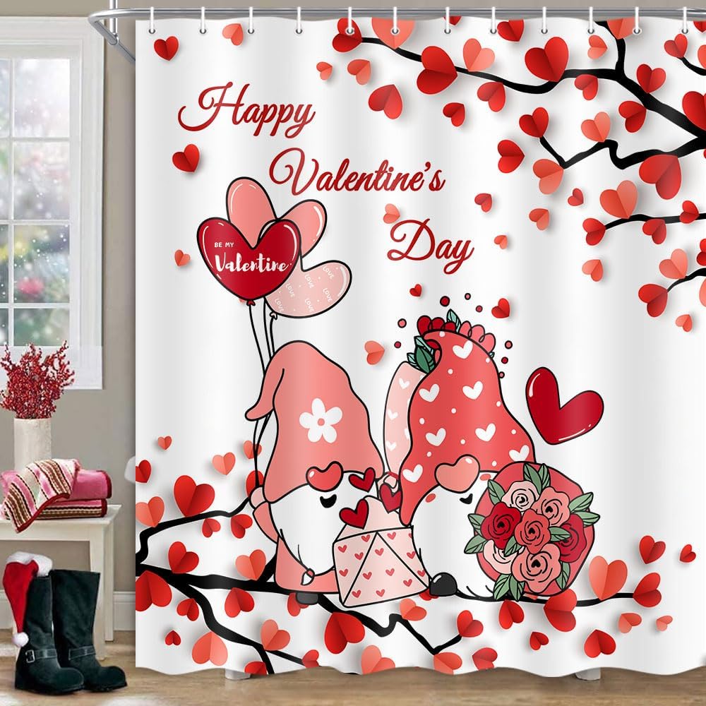 Valentines Shower Curtain, Cute Valentine Gnomes Shower Curtain Set with Hooks, Romantic Pink Red Hearts Farmhouse Fabric Bathroom Decor 72 x 72 Inches