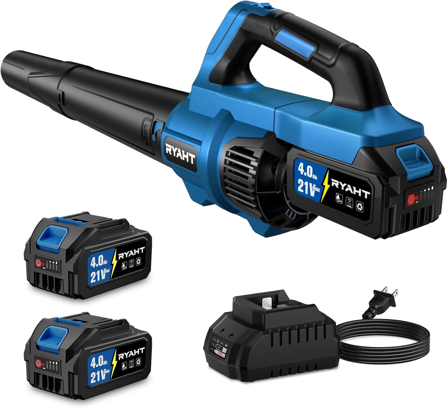 RYAHT Leaf Blower Cordless, 21V Powerful Electric Leaf Blower with 2 X 4.0Ah Batteries and Charger, 2 Speed Modes, Handheld Lightweight Leaf Blowers for Lawn Care, Patio, Dust, Blowing Leaves, Blue