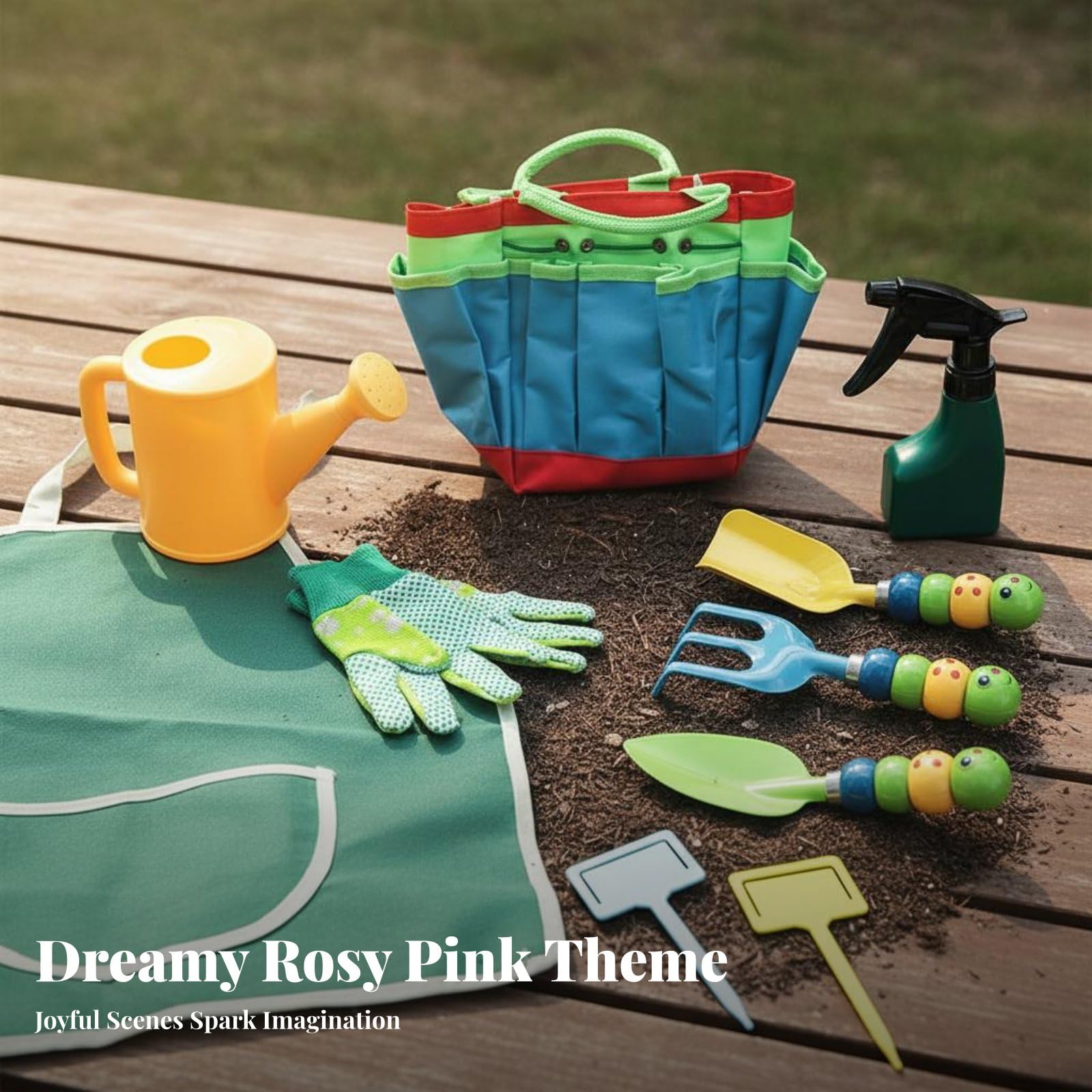 Kinder Gartenschaufel Set Gartenwerkzeug Set Schaufel Rechen Gießkanne Handschuhe Tasche Langlebig mit Metallkopf Und Holzgriff für Gartenlernspiele Strand Sandbox, Raupe 10-Teilig