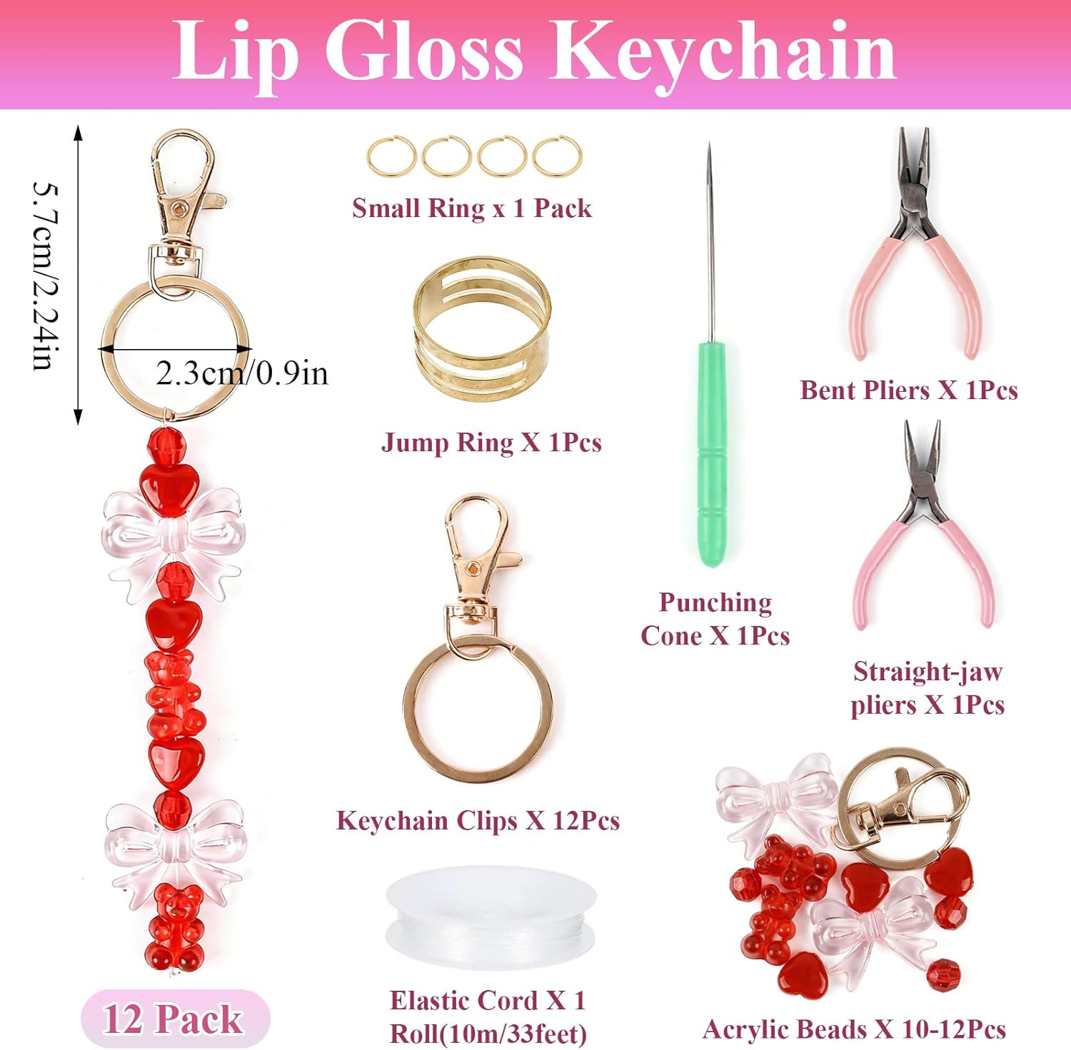 Worldity 12 Pack Lip Gloss Keychain Making Kit, Lipgloss Charm Kit with Acrylic Beads, Elastic Cord & Keychain Clips Tools, Lip Gloss Charms Keychain Kit for DIY Jewelry Making, Women Key Purse Decor