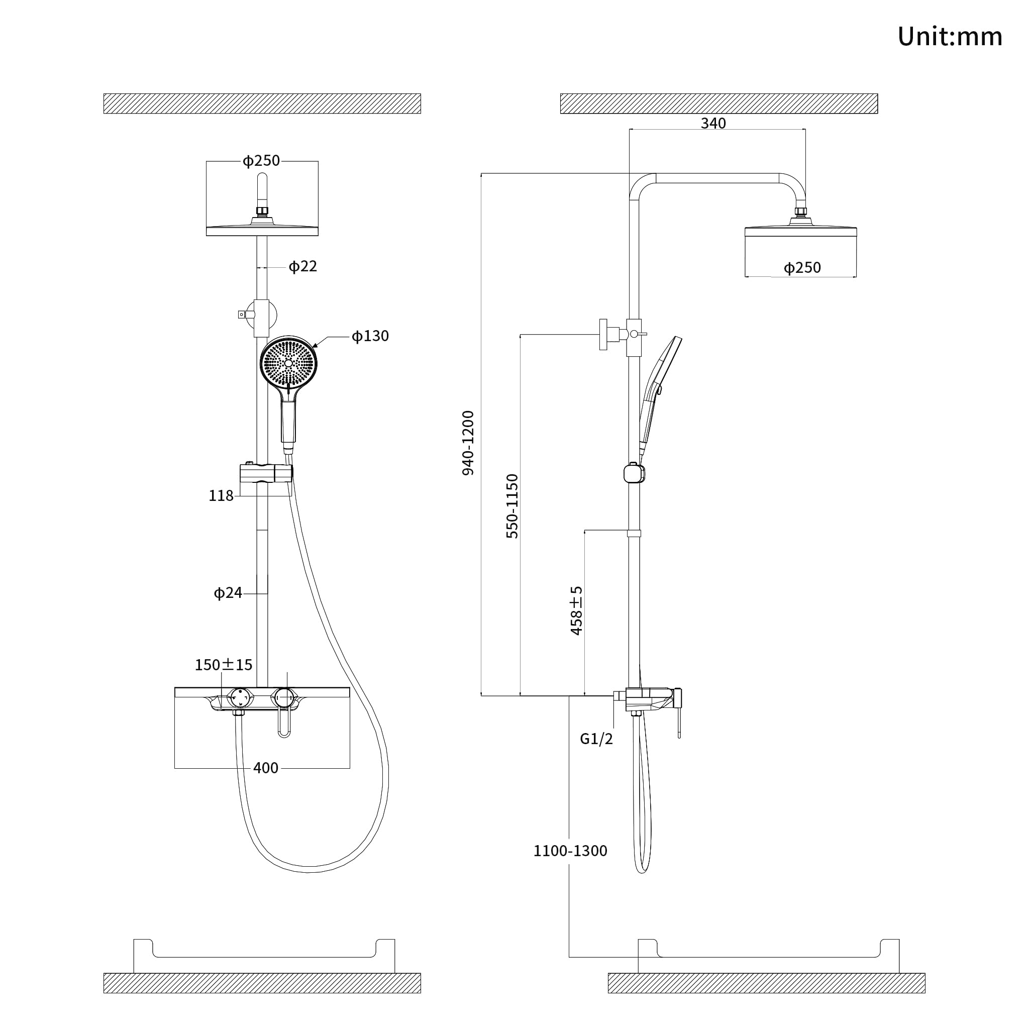 HOMELODY Duschsystem mit Armatur und Glasablage - Duscharmatur Komplettset Schwarz, 5 Strahlarten Handbrause und Wasserfallauslauf, Ø25cm Regendusche Set, Höhenverstellbar, ohne zusätzliches Bohren