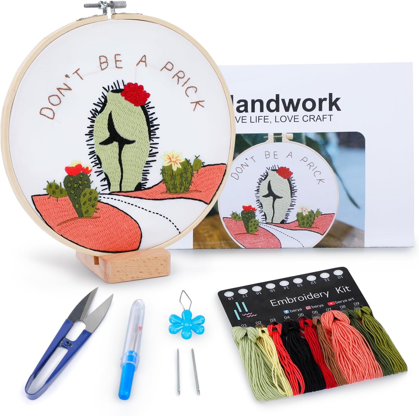 BERYA Funny Cactus Embroidery Kit with Embroidery Hoop, Easy Embroidery Kit for Beginners, Include Instructions, Display Stand, Printed Cloth, Threads and Tools - with Video Tutorials (BEC005)