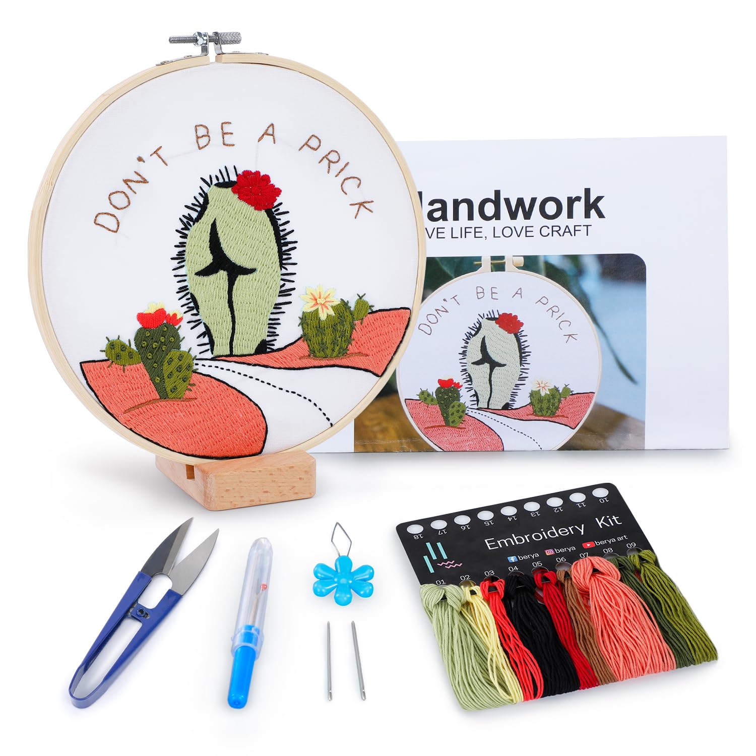 BERYAFunny Cactus Embroidery Kit with Embroidery Hoop, Easy Embroidery Kit for Beginners, Include Instructions, Display Stand, Printed Cloth, Threads and Tools - with Video Tutorials (BEC005)