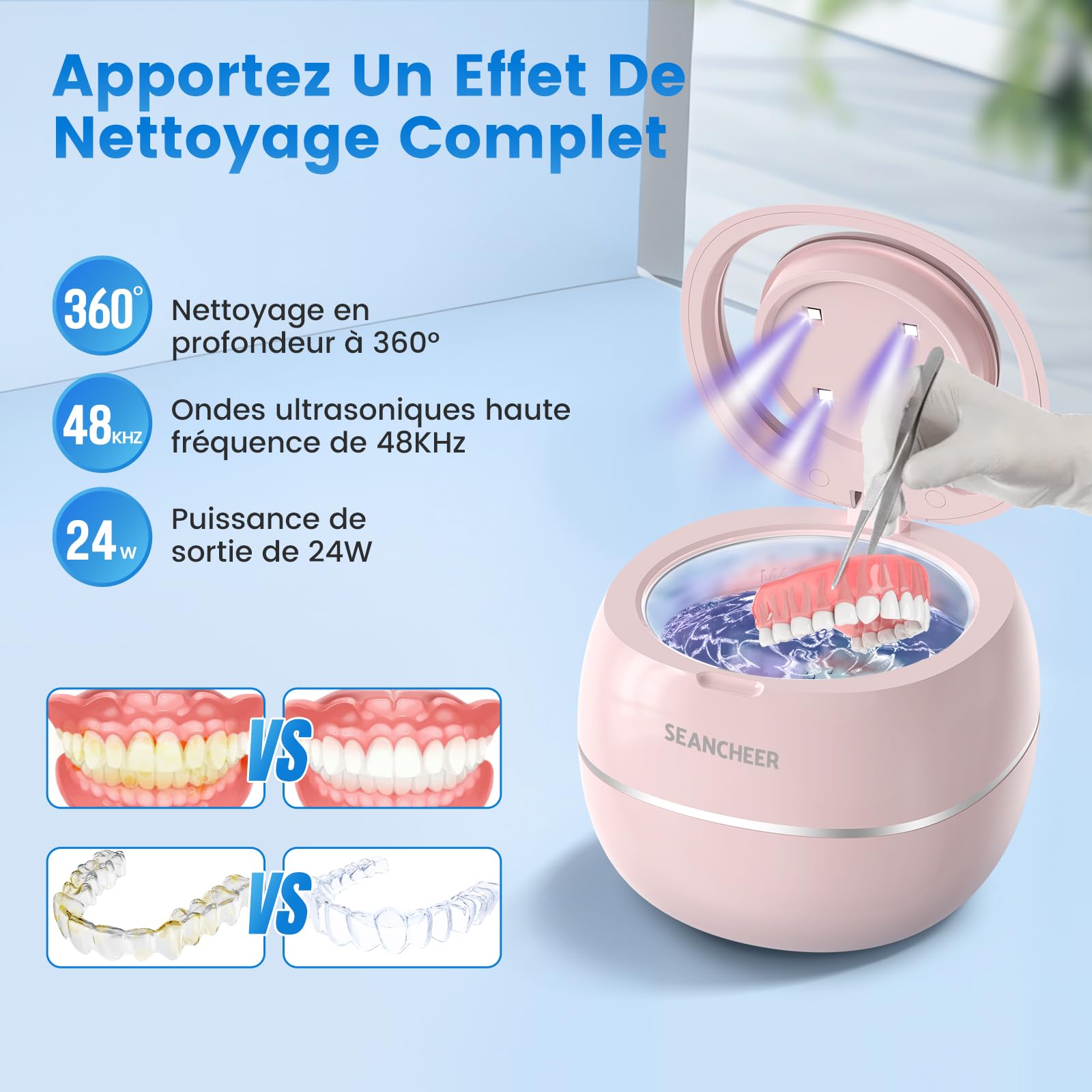 SEANCHEER Nettoyeur Ultrasons 48000Hz Bac Ultrason | 24W | 180ML | Mini Ultrasonic Cleaner Portable avec Lampe UV pour | Prothèses Dentaires | Gouttière Dentaire | Retainer | Bijoux | (Rose)
