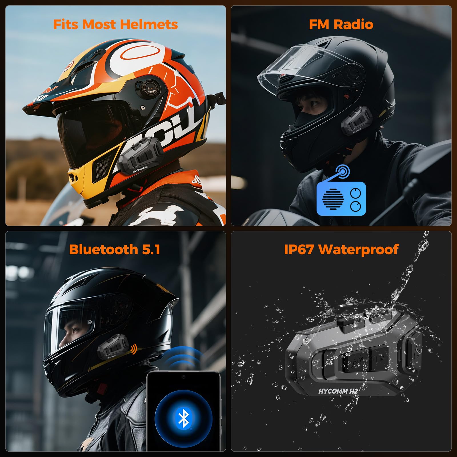 H2 Auriculares Bluetooth para Casco de Moto, Intercomunicador 2 Vías 1 Botón, 35h Batería, IP67 Impermeable, Cancelación de Ruido, Manos Libres con Asistente de Voz