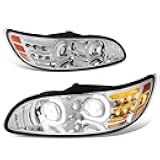 Auto Dynasty Headlights Assemblies Pair Dual C-Style LED Halo DRL Projector with Switchback LED Turn Signal Compatible with Peterbilt 325 330 335 337 340 348 382 384 386 387 99-20, Chrome