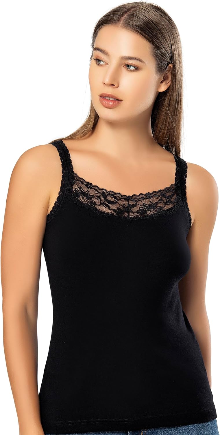 VAVONNE Lace Camisole Tops for Women, Cotton Undershirt Lace Trim Cami Tanks - Image 4