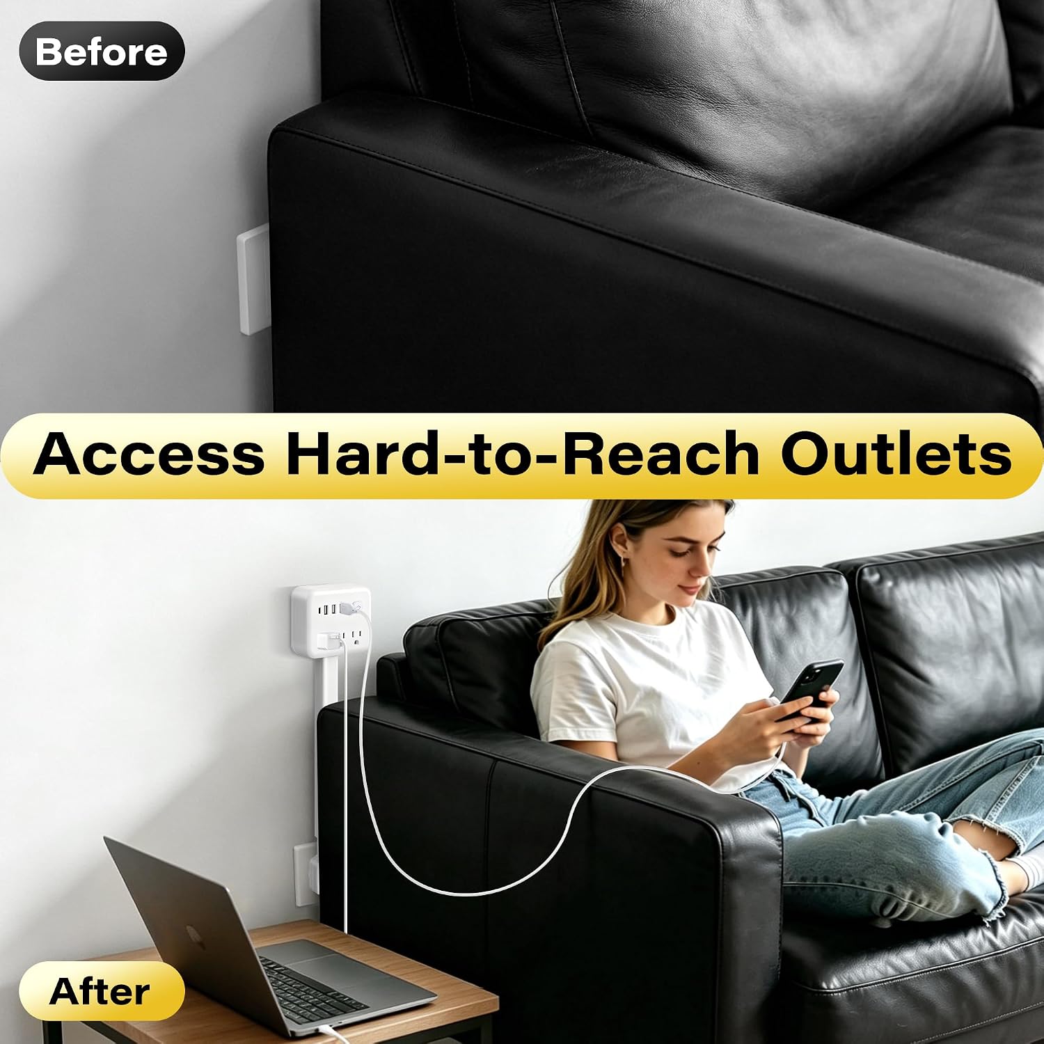 Electrical Outlet Extender, 360° Rotating Wall Outlet with Power Switch, 3 AC Outlets, 3 USB-A & 1 USB-C, Extends 17"-26", Use for Hard-to-Reach Outlets Behind Couches, Nightstands, Desks, Beds