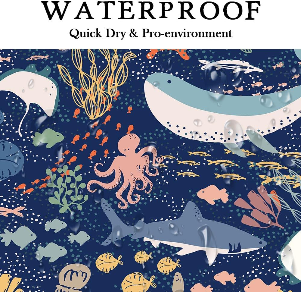 Shark Shower Curtain, Blue Azure Boho Ocean Fish Shower Curtain Abstract Underwater Animal Cartoon Bathroom Curtain with Colorful Fabric Shower Curtains for Kids Bathtub Decor (70X70IN)