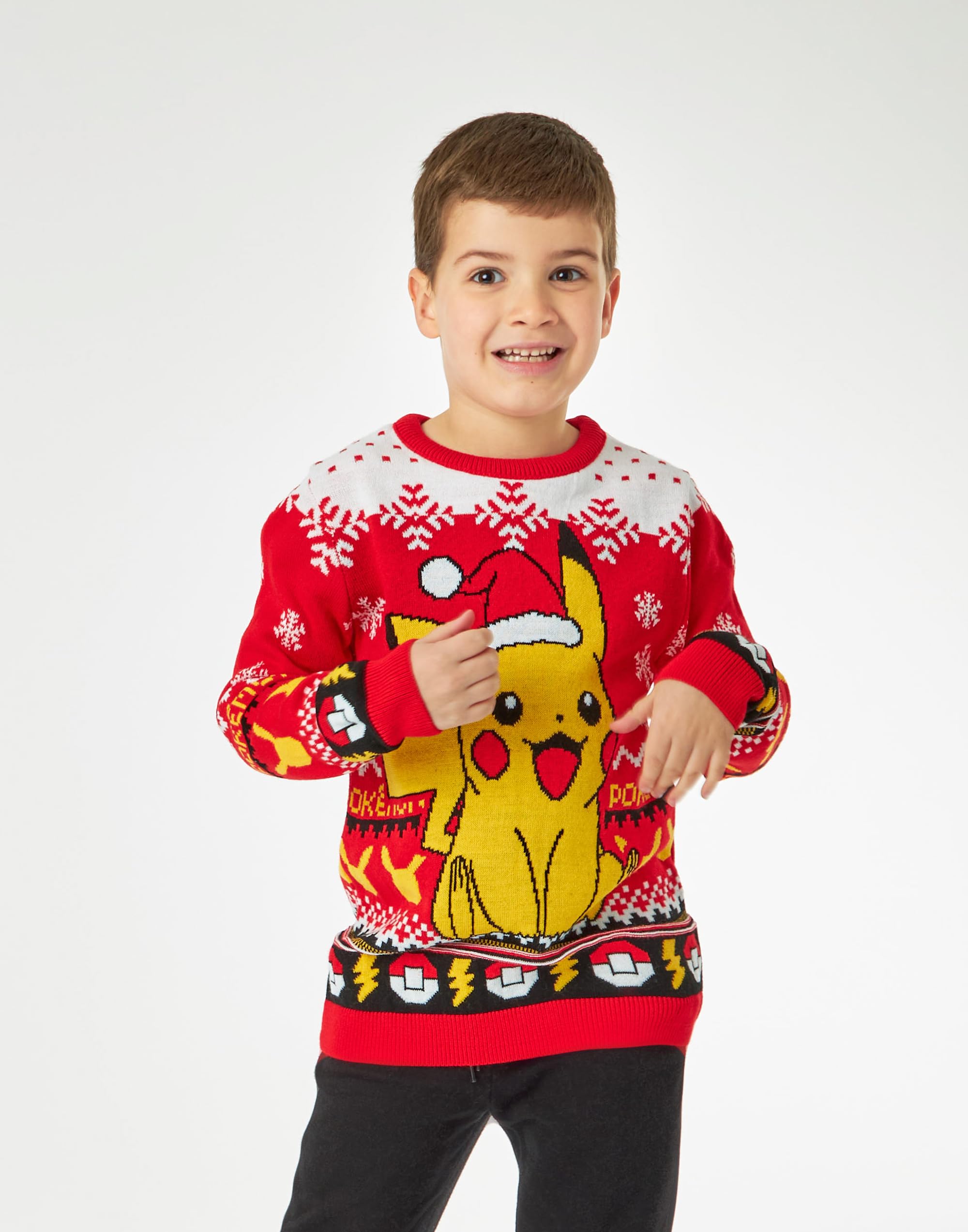 Pokemon Dziecięcy sweter bożonarodzeniowy, opcje stylu, świąteczny pikachu, z długim rękawem, dzianinowy, ciepły sweter dla dzieci, Czerwony, 7-8 lat